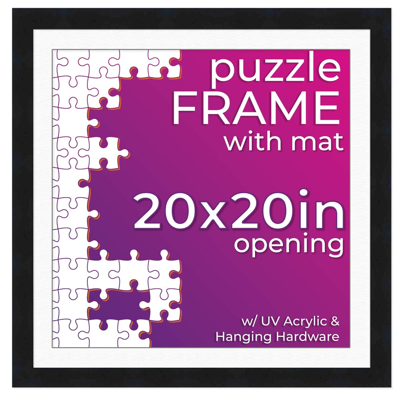 Black Wood Puzzle Frame Kit with Glue Sheets, White Mat, Backing, UV Acrylic - Available in 20 Popular Sizes